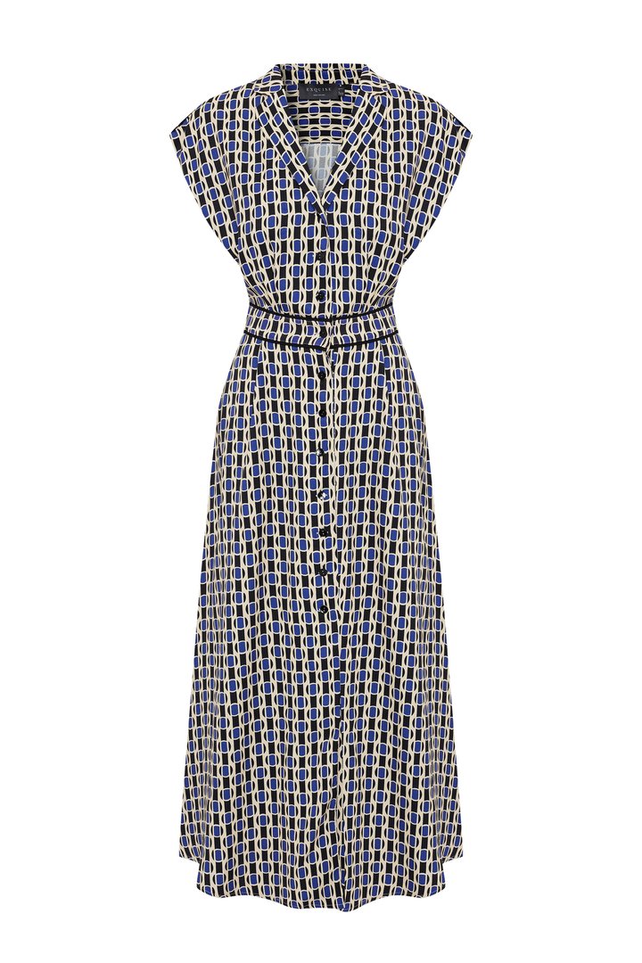 Exquise-Geometrik Desenli Bel Detaylı Midi Gömlek Elbise-ELBİSE-6-Milagron.com