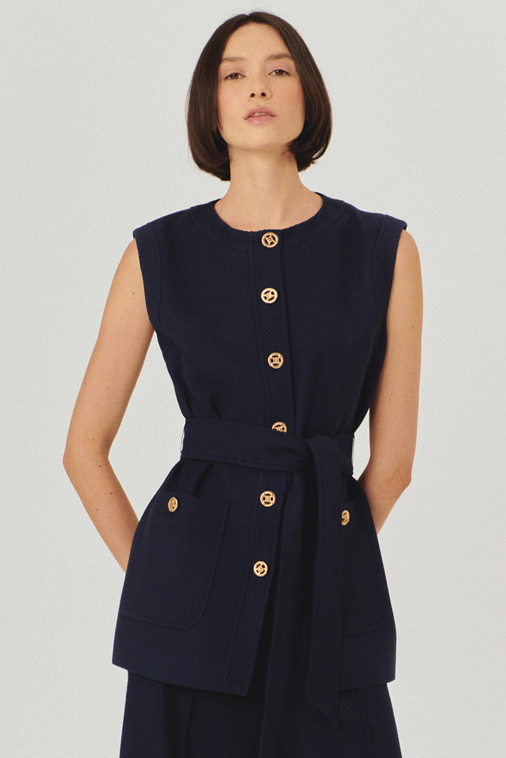 Exquise-Gold Düğme Detaylı Kuşaklı Dokulu Kumaş Cepli Slim Fit Lacivert Yelek-Yelek-1-Milagron.com