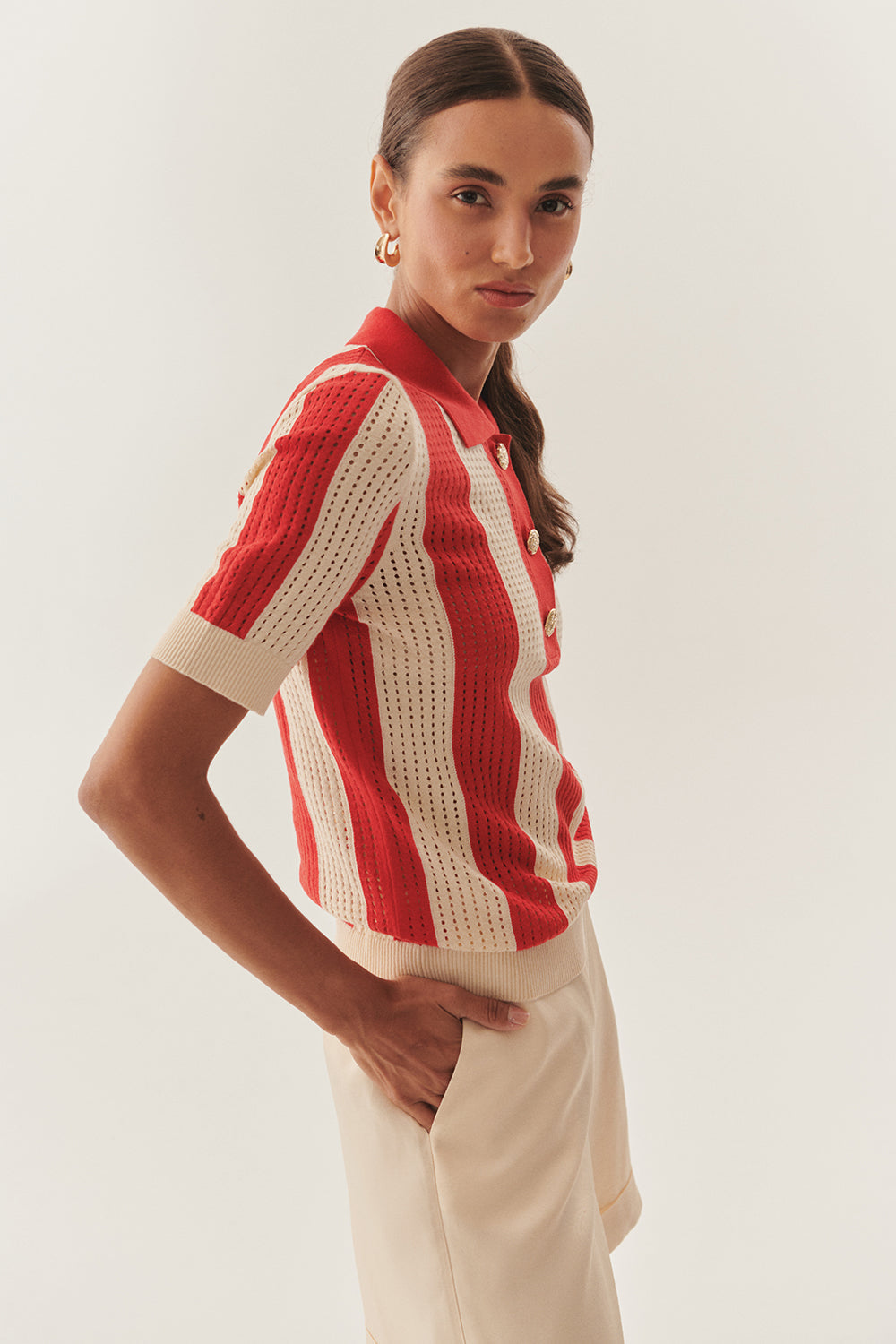 Exquise-Gold Düğme Detaylı Polo Yaka Triko Bluz-BLUZ-4-Milagron.com