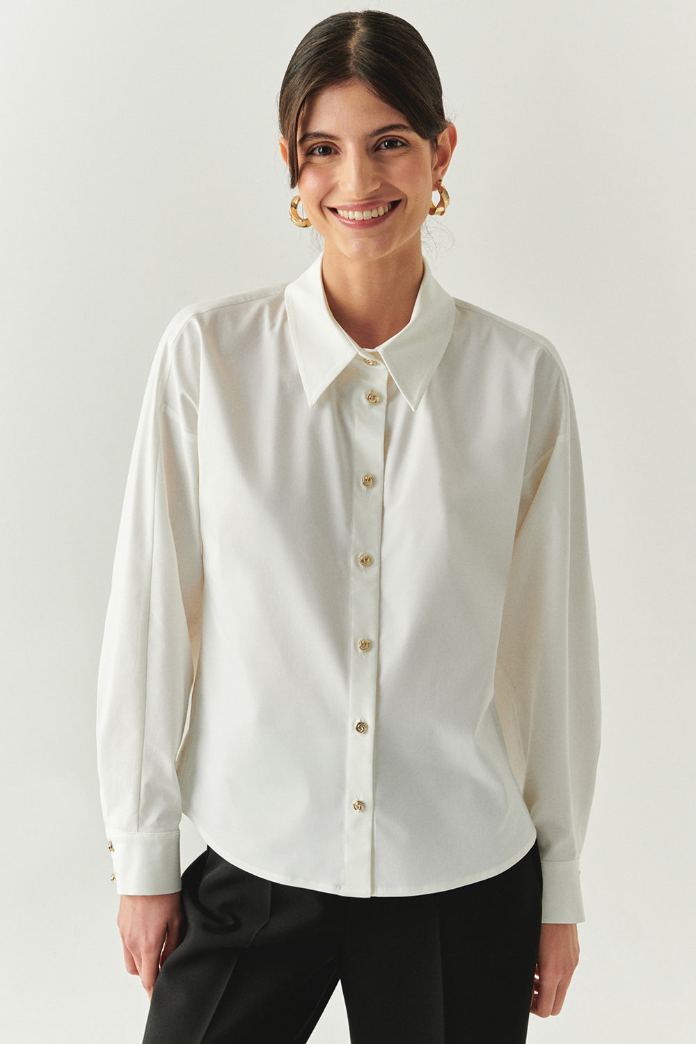 Exquise-Gold Düğmeli Uzun Reglan Kollu Regular Kemik Gömlek-GÖMLEK-1-Milagron.com