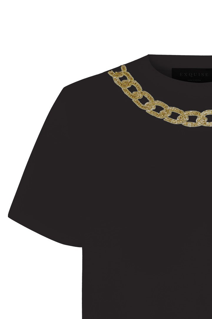 Exquise-Gold İşleme Siyah Bisiklet Yaka Regular Pamuklu örme Tişört-T-Shirts-2-Milagron.com