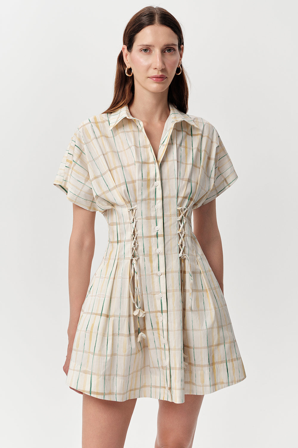 Gömlek Yaka Bele Oturan Kısa Kollu Regular Mini Çok Renkli Elbise