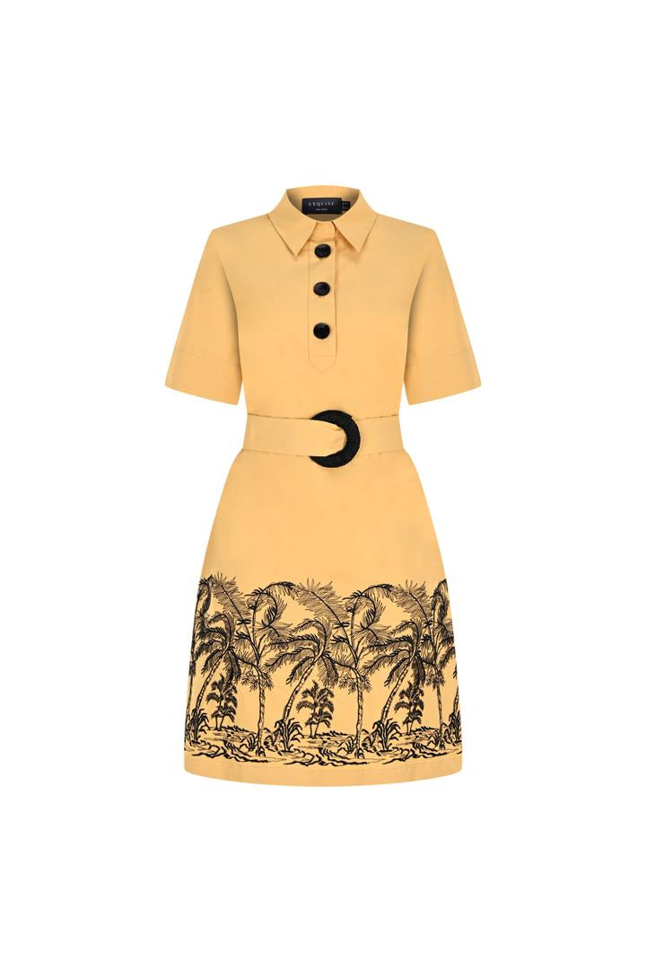 Exquise-Gömlek Yaka Kemerli Etek Uçları Desenli Pamuklu Diz üstü Elbise-ELBİSE-5-Milagron.com