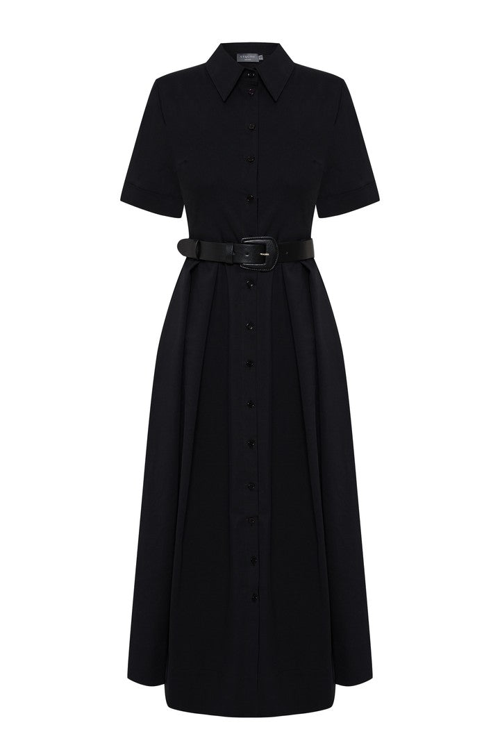 Exquise-Gömlek Yaka Kısa Kol Bele Oturan Kemerli Midi Boy Siyah Elbise-ELBİSE-6-Milagron.com