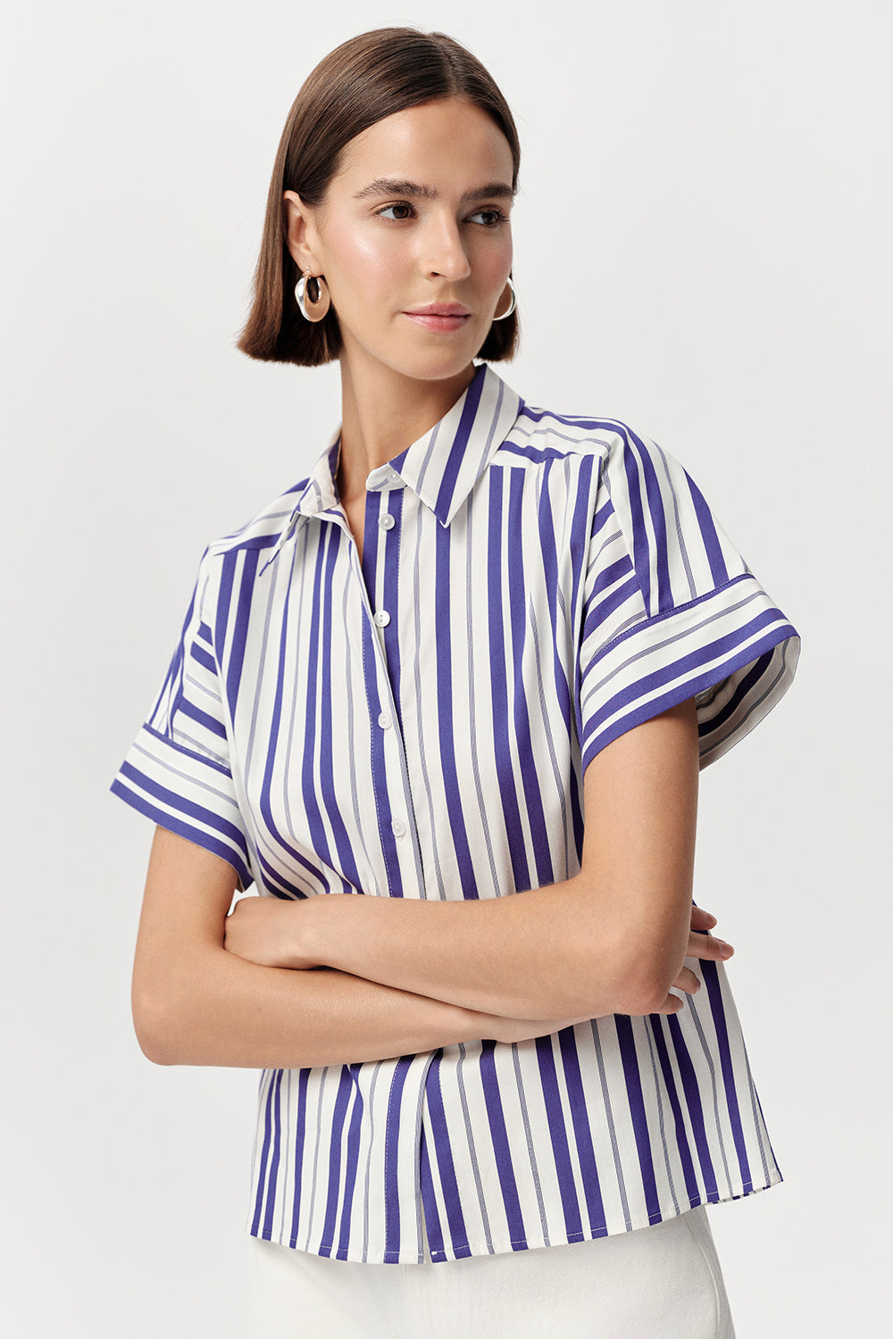 Gömlek Yaka Kısa Kollu Çizgili Regular Saks Kemik Gömlek