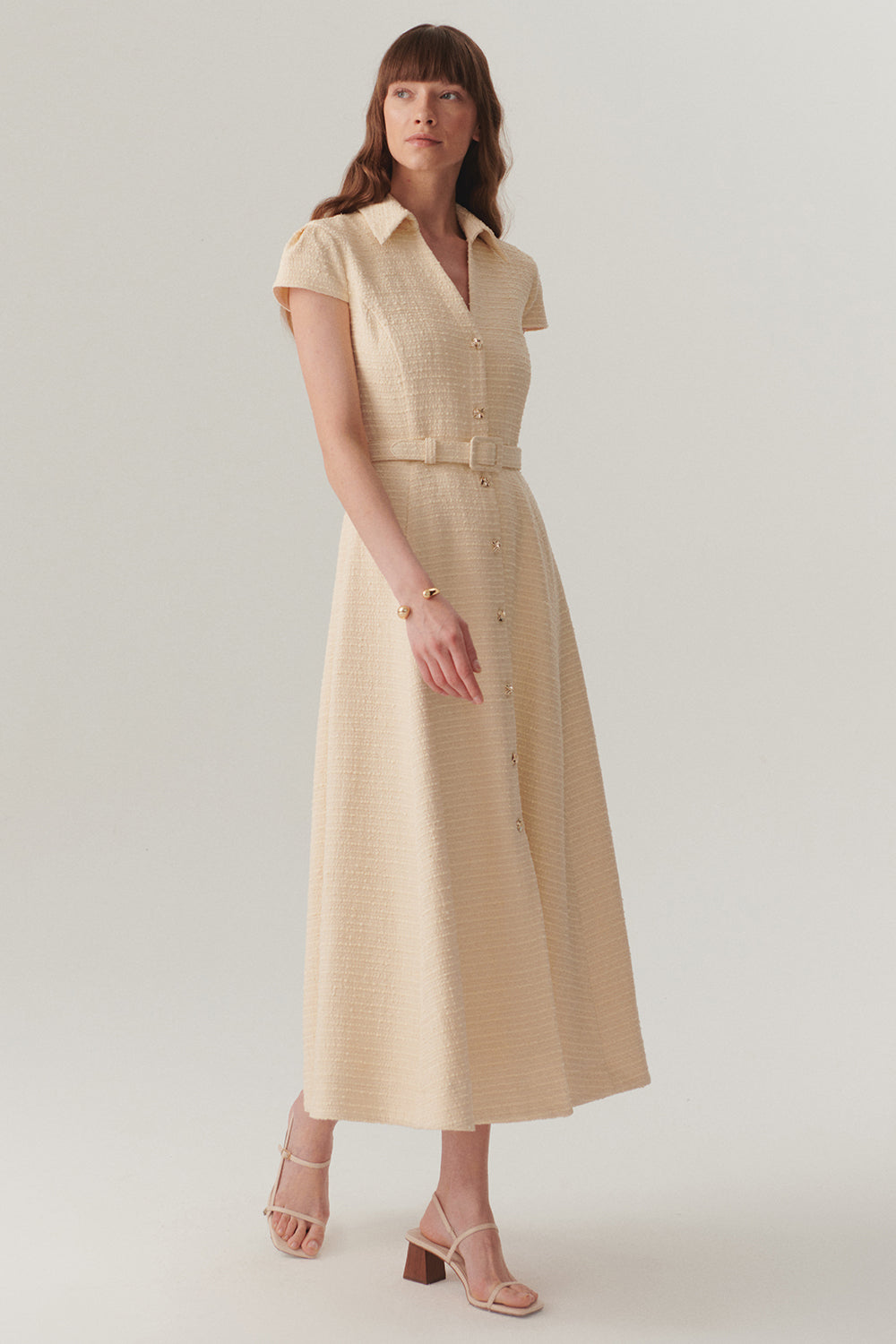 Exquise-Gömlek Yaka Kısa Kollu önden Düğmeli Regular Fit Midi Boy Ekru Elbise-ELBİSE-4-Milagron.com