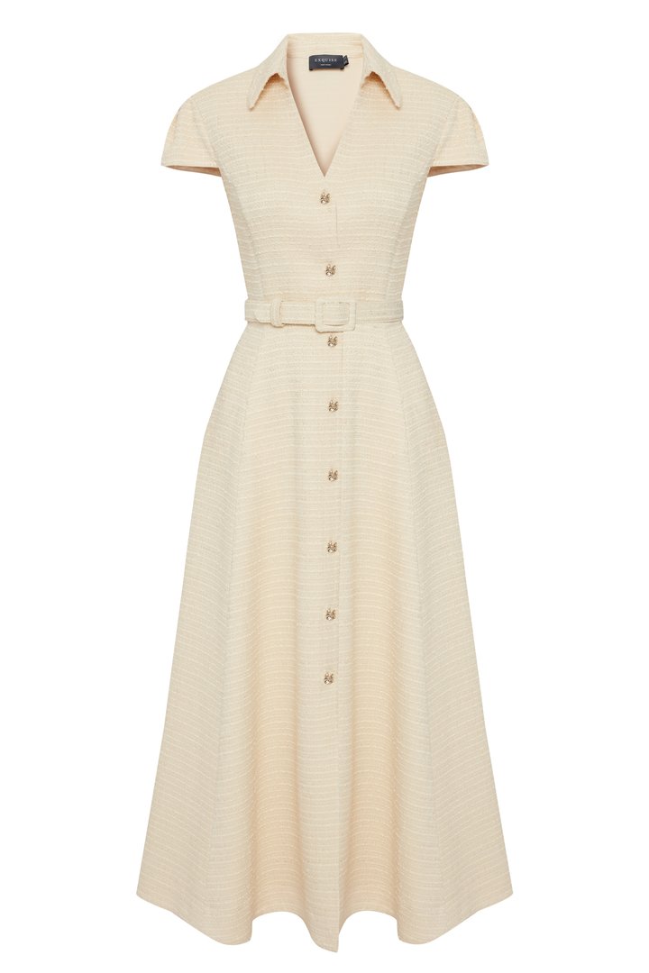 Exquise-Gömlek Yaka Kısa Kollu önden Düğmeli Regular Fit Midi Boy Ekru Elbise-ELBİSE-6-Milagron.com