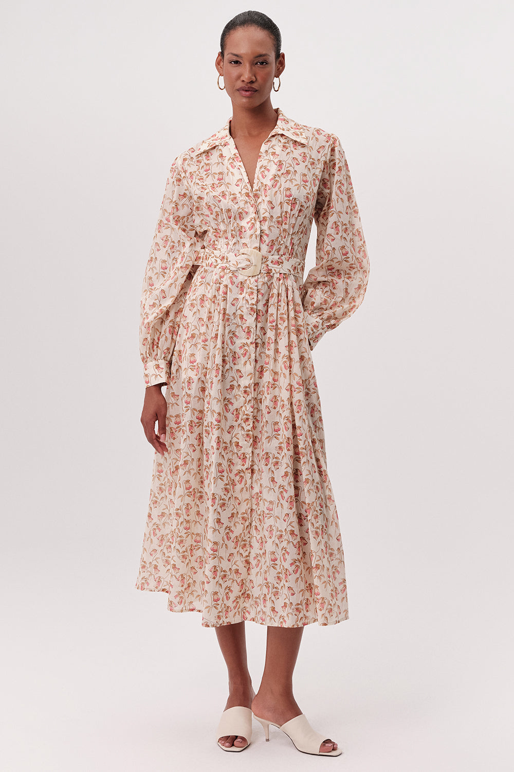 Gömlek Yaka Manşetli Bele Oturan Regular Midi Çok Renkli Elbise