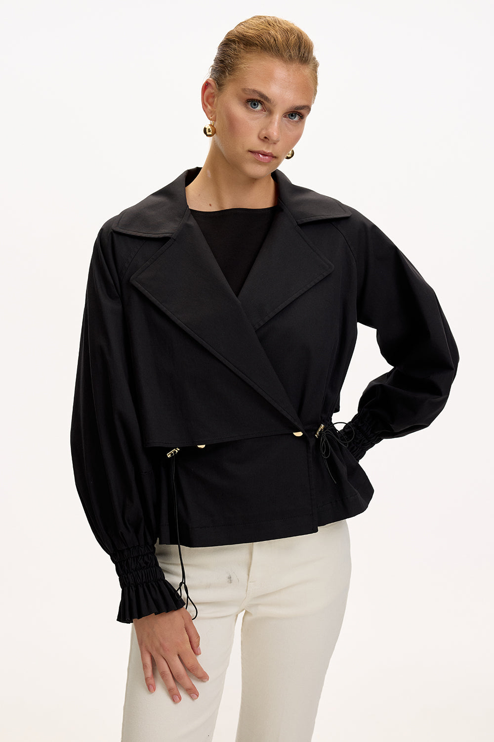 Exquise-Gömlek Yaka Reglan Kol Regular Astarlı Pamuklu Siyah Ceket-CEKET-1-Milagron.com