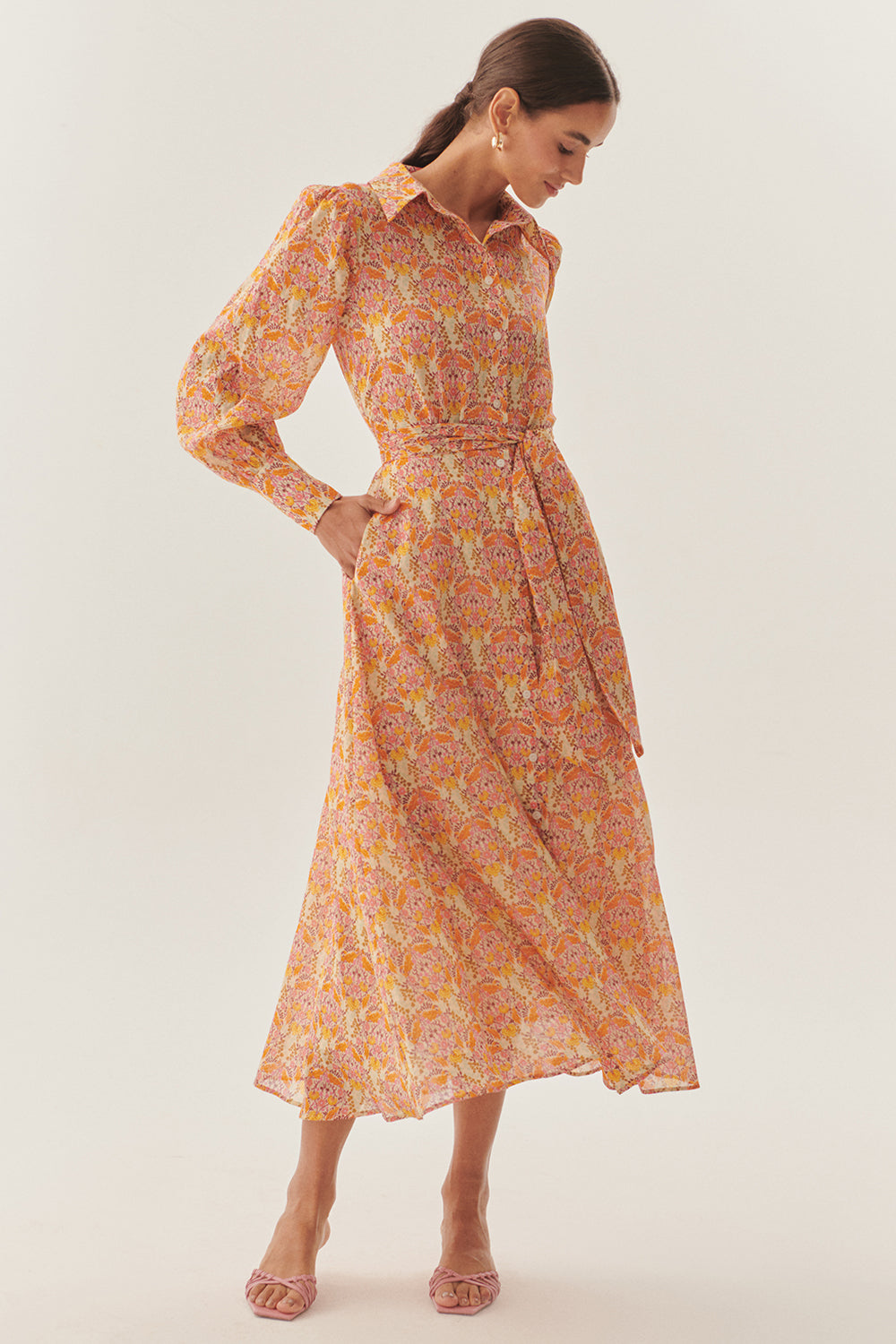 Exquise-Gömlek Yaka Uzun Kol Kuşak Detaylı çiçek Desenli Midi Boy Elbise-ELBİSE-2-Milagron.com