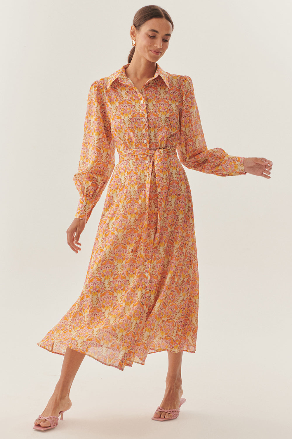 Exquise-Gömlek Yaka Uzun Kol Kuşak Detaylı çiçek Desenli Midi Boy Elbise-ELBİSE-3-Milagron.com