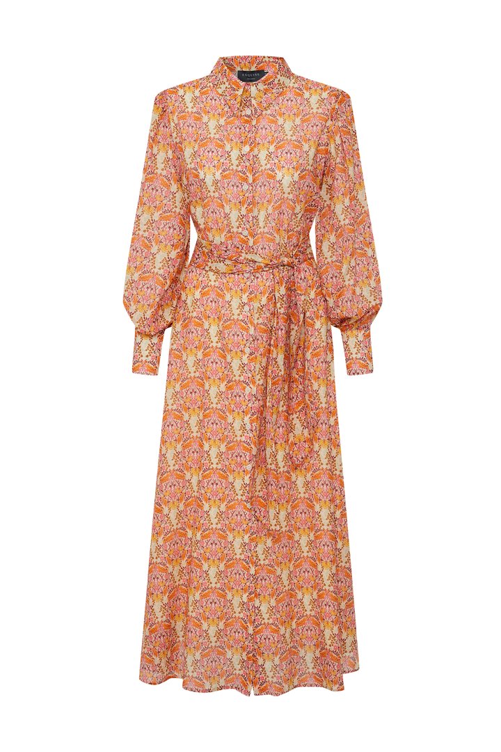 Exquise-Gömlek Yaka Uzun Kol Kuşak Detaylı çiçek Desenli Midi Boy Elbise-ELBİSE-6-Milagron.com