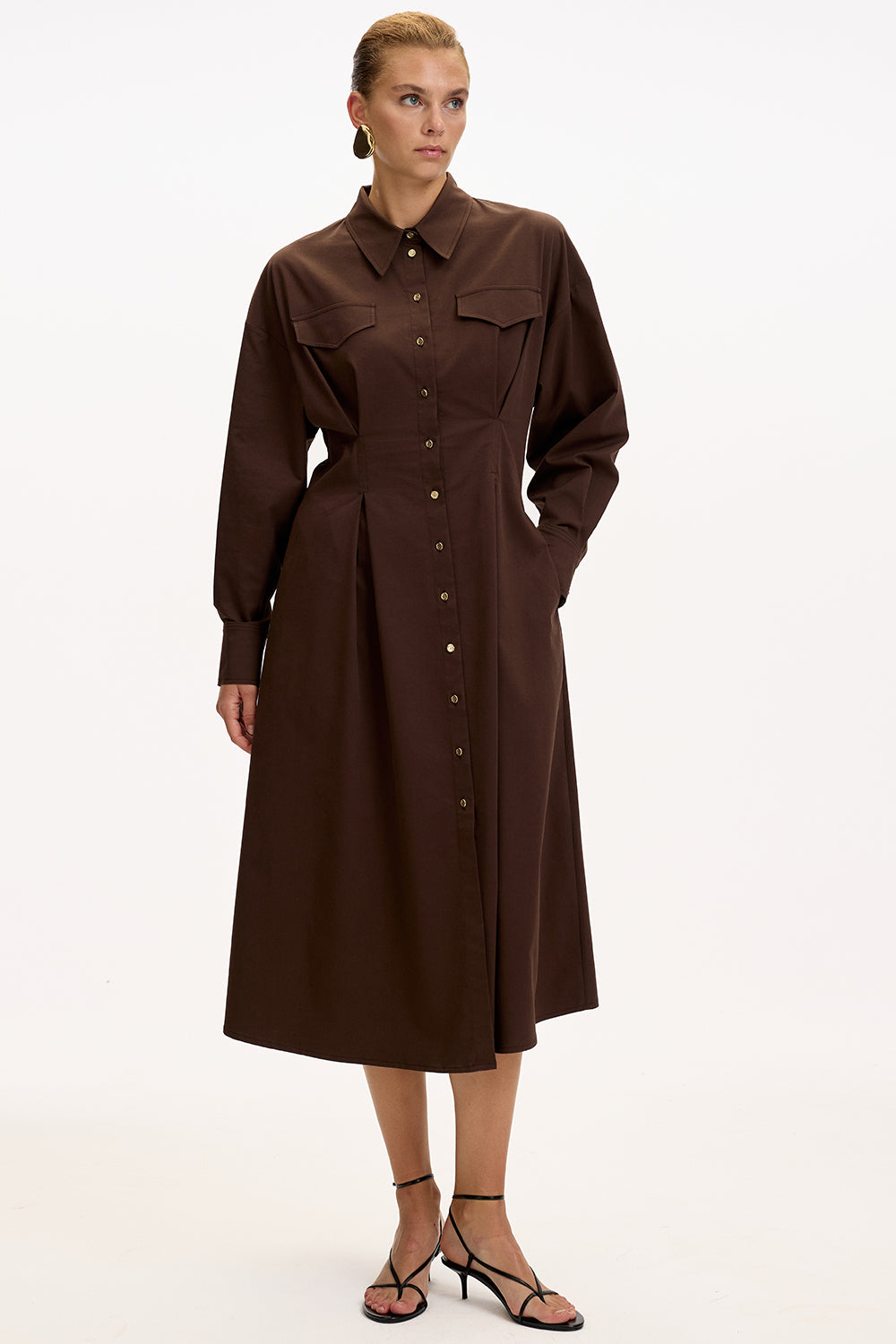 Exquise-Gömlek Yaka Uzun Kollu Cepli Regular Düğmeli Kahve Midi Elbise-ELBİSE-1-Milagron.com