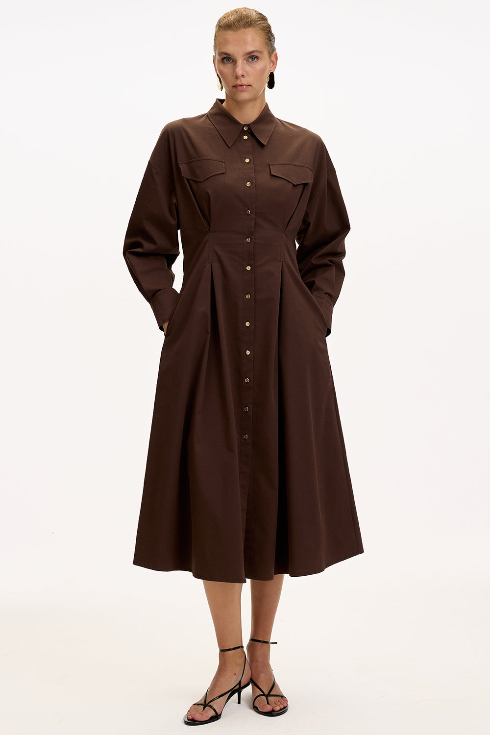 Exquise-Gömlek Yaka Uzun Kollu Cepli Regular Düğmeli Kahve Midi Elbise-ELBİSE-6-Milagron.com