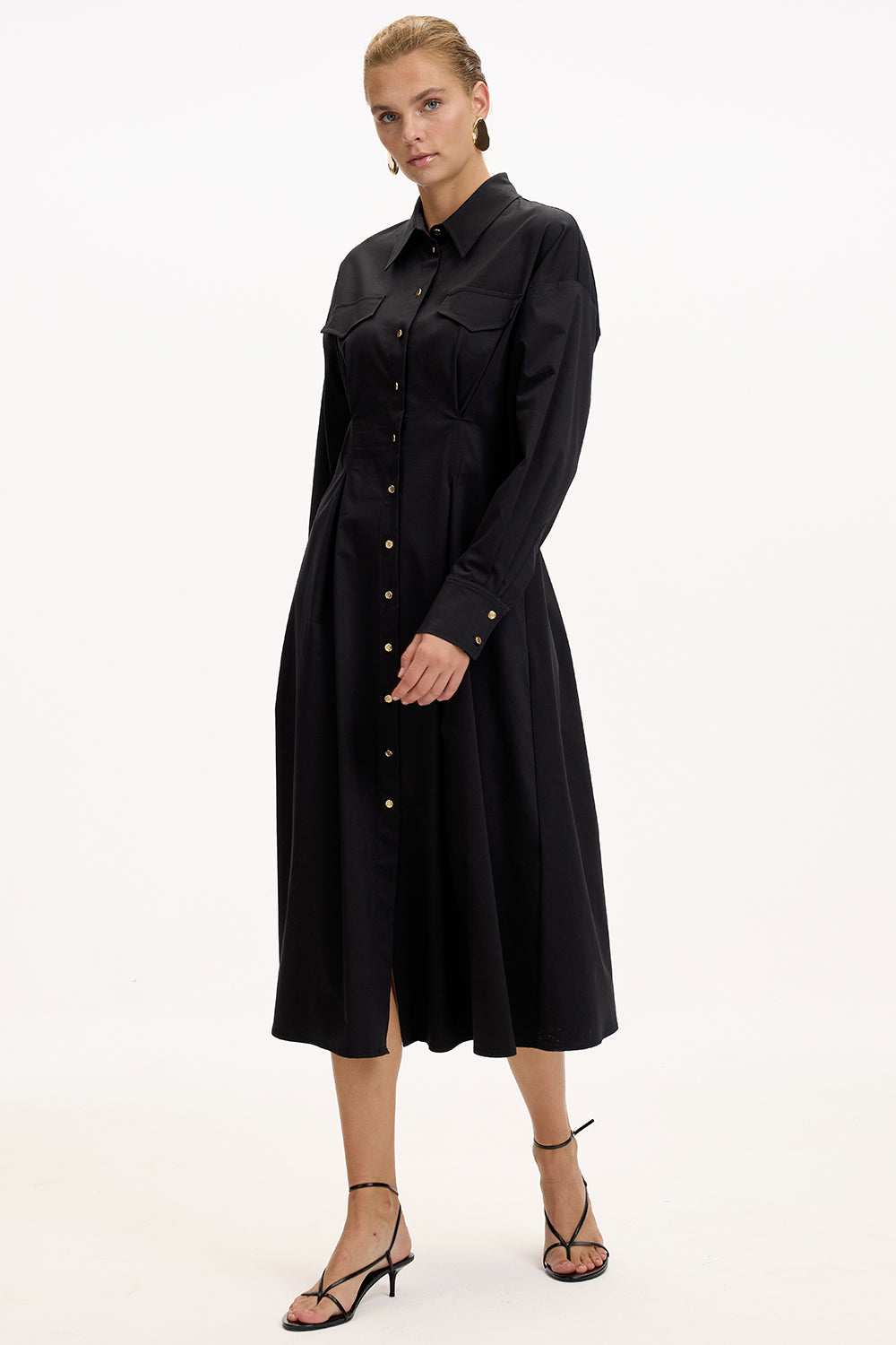 Exquise-Gömlek Yaka Uzun Kollu Cepli Regular Düğmeli Siyah Midi Elbise-ELBİSE-3-Milagron.com