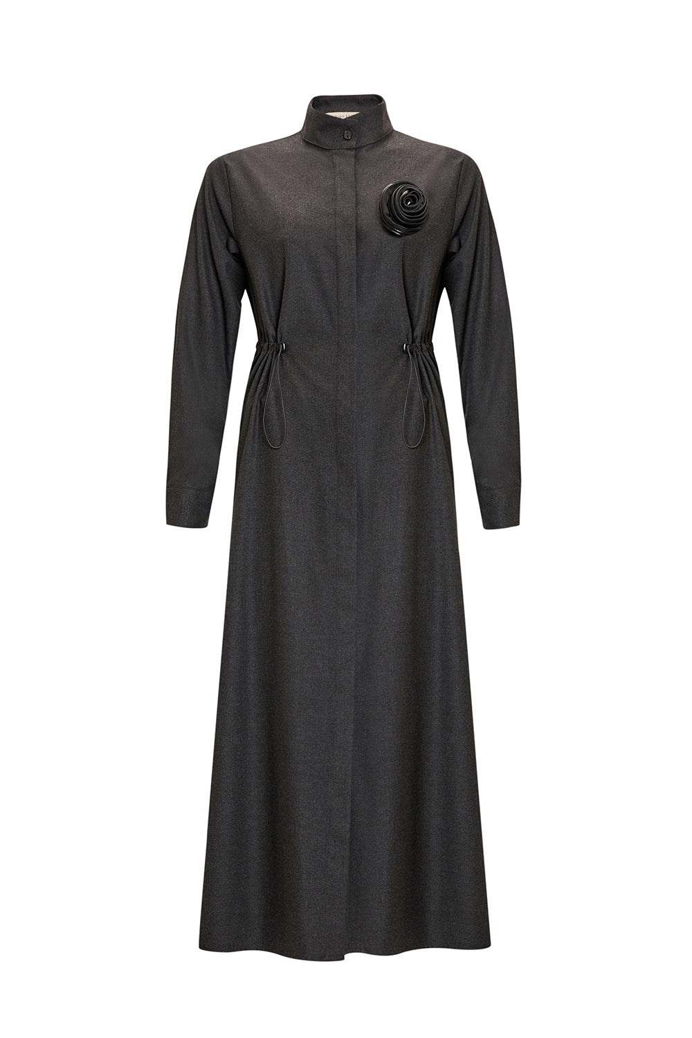 Exquise-Hakim Yaka Büzgülü Deri Aksesuarlı Uzun Dokuma Elbise-ELBİSE-1-Milagron.com