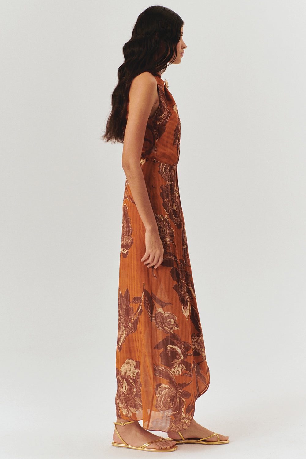 Exquise-İnci Tokalı Detaylı Desenli Maxi Elbise-ELBİSE-3-Milagron.com