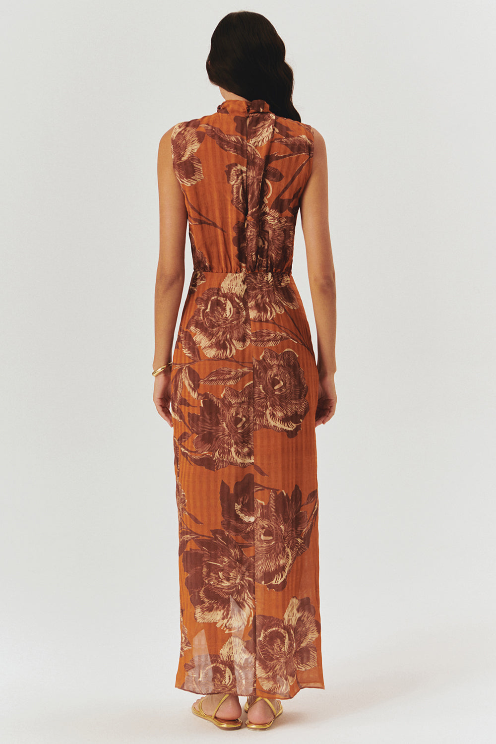 Exquise-İnci Tokalı Detaylı Desenli Maxi Elbise-ELBİSE-5-Milagron.com