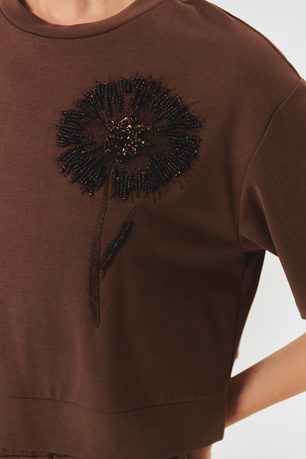 Exquise-İşleme Detaylı Kahverengi Crop Modal Karışımlı örme Tişört-T-Shirts-4-Milagron.com