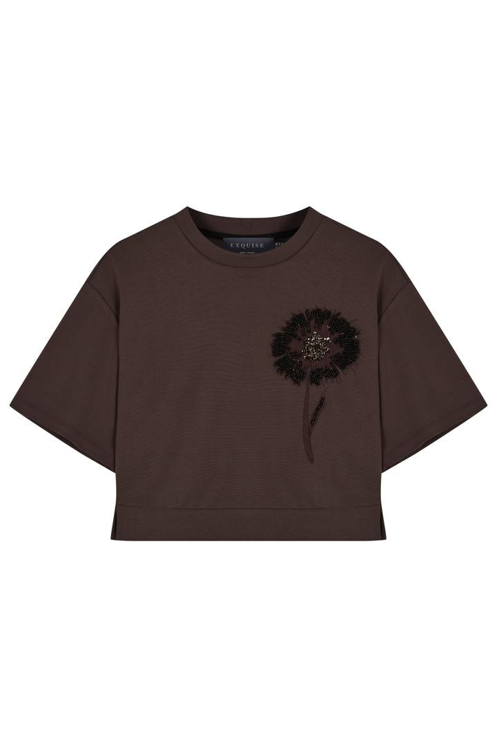 Exquise-İşleme Detaylı Kahverengi Crop Modal Karışımlı örme Tişört-T-Shirts-6-Milagron.com