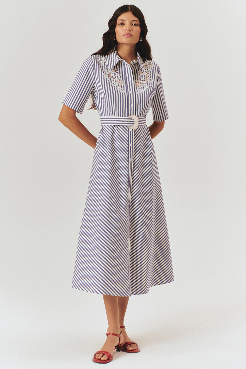 Exquise-İşleme Detaylı Kemerli çizgili A Kesim Gömlek Elbise-ELBİSE-1-Milagron.com