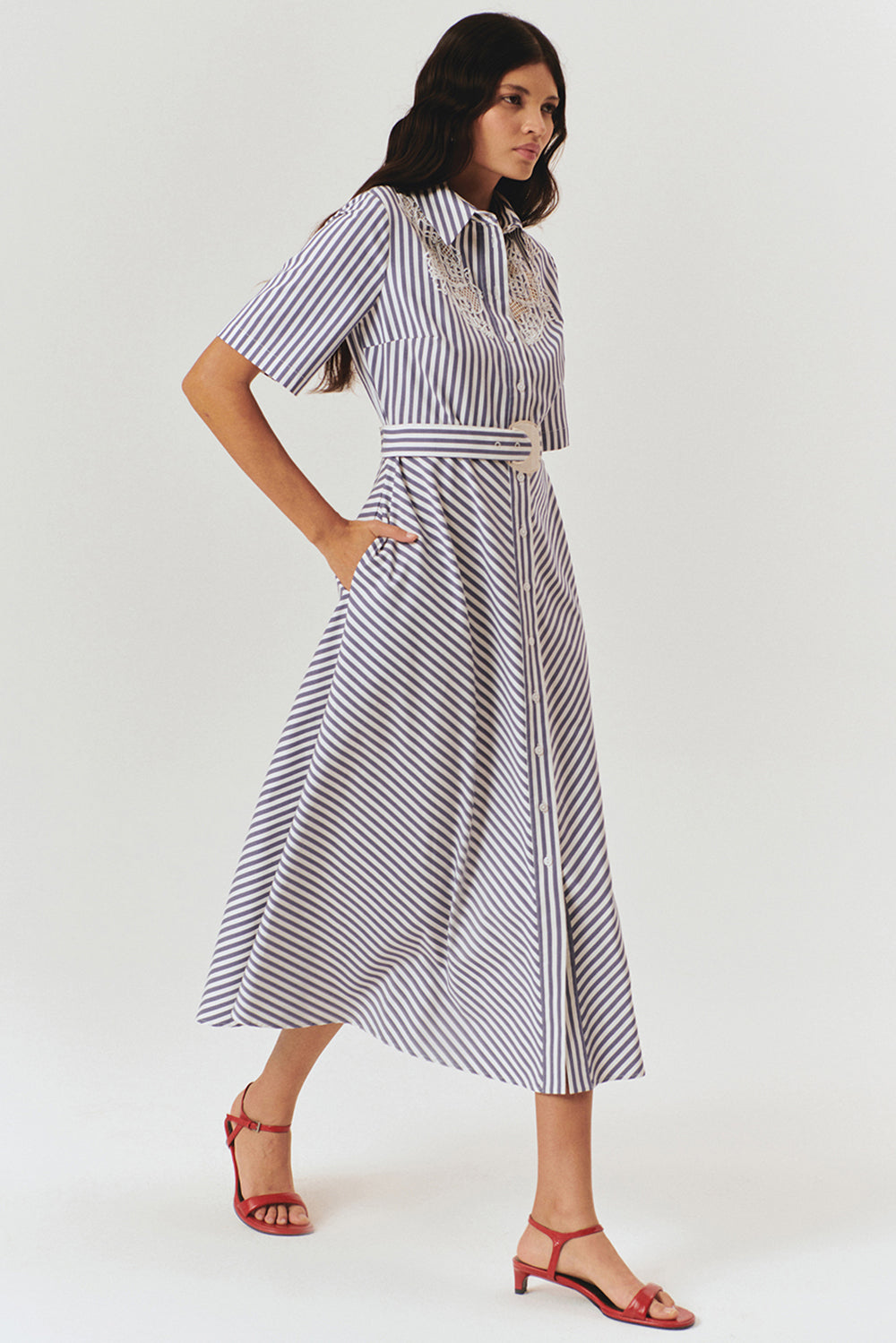 Exquise-İşleme Detaylı Kemerli çizgili A Kesim Gömlek Elbise-ELBİSE-2-Milagron.com