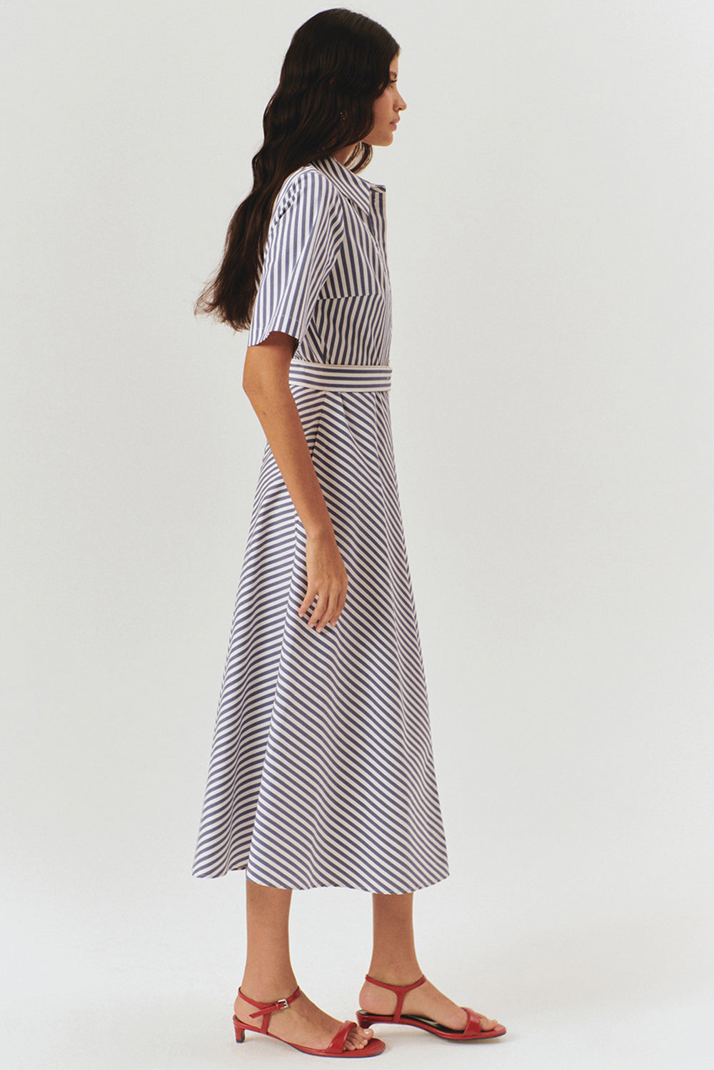 Exquise-İşleme Detaylı Kemerli çizgili A Kesim Gömlek Elbise-ELBİSE-4-Milagron.com