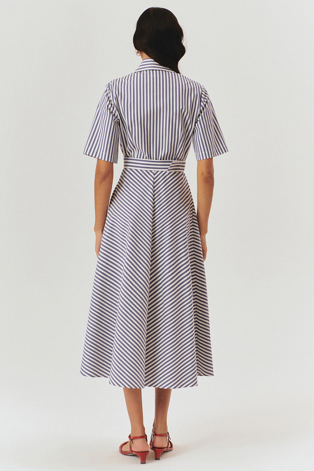 Exquise-İşleme Detaylı Kemerli çizgili A Kesim Gömlek Elbise-ELBİSE-5-Milagron.com