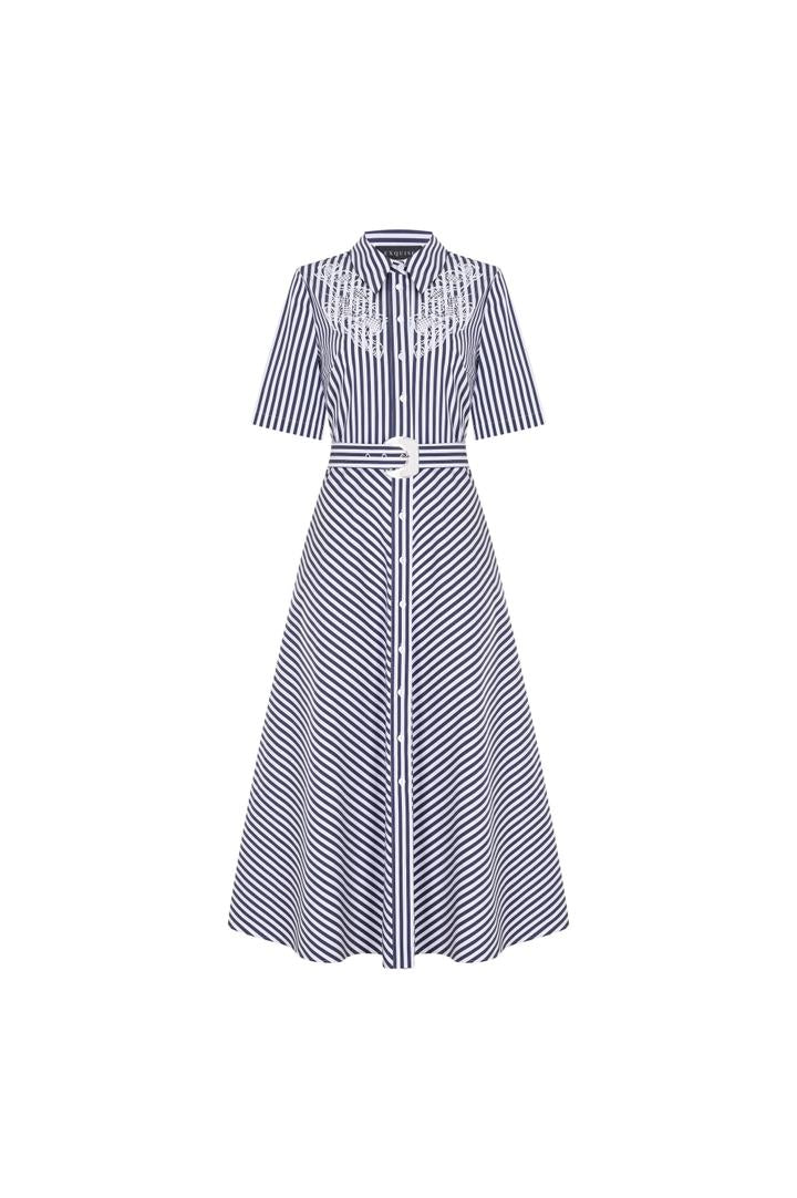 Exquise-İşleme Detaylı Kemerli çizgili A Kesim Gömlek Elbise-ELBİSE-6-Milagron.com