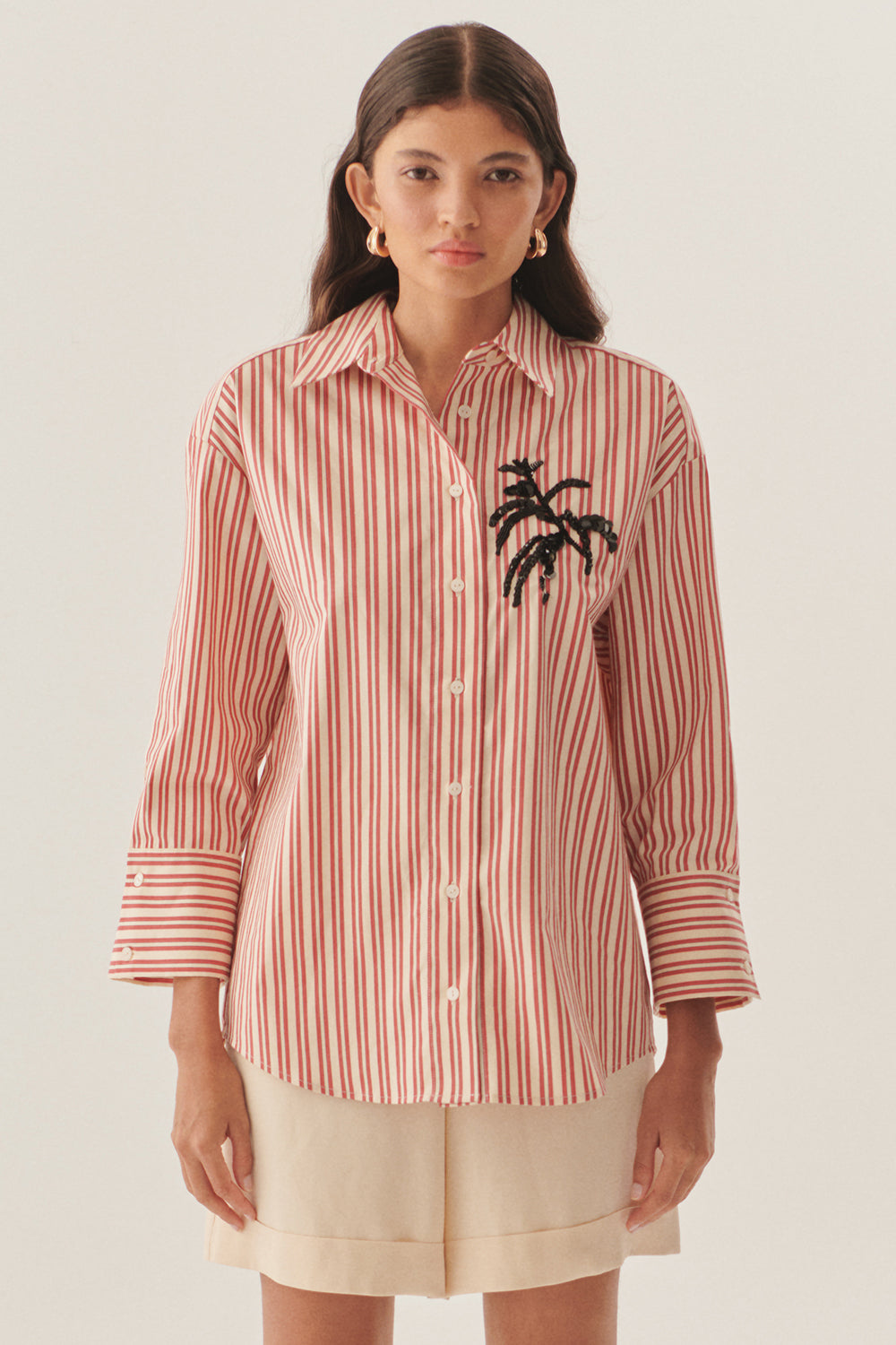 Exquise-İşleme Detaylı Kırmızı çizgili Regular Gömlek-Gömlek-1-Milagron.com