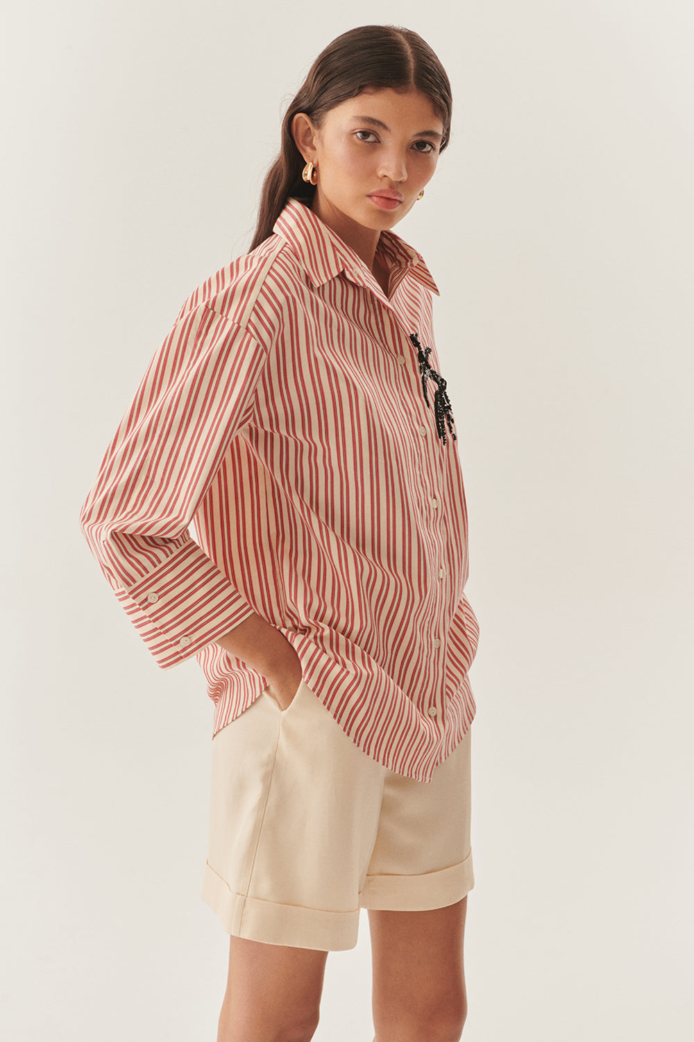 Exquise-İşleme Detaylı Kırmızı çizgili Regular Gömlek-Gömlek-5-Milagron.com