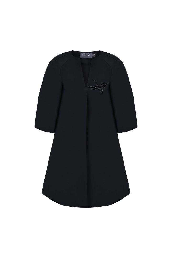 Exquise-İşleme Detaylı V Yaka Siyah Regular Mini Elbise-ELBİSE-6-Milagron.com