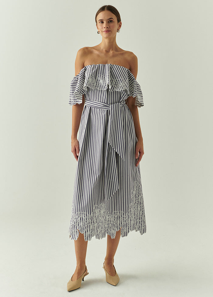 Exquise-İşleme Detaylı çizgili Omzu Açık Fırfırlı Midi Elbise-ELBİSE-1-Milagron.com