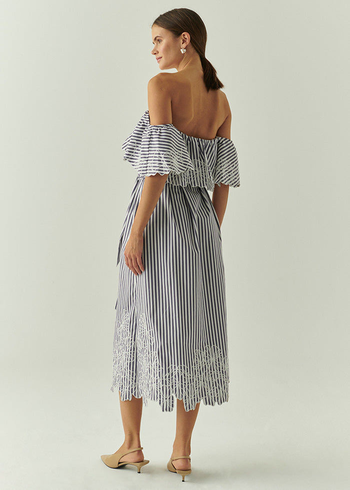 Exquise-İşleme Detaylı çizgili Omzu Açık Fırfırlı Midi Elbise-ELBİSE-2-Milagron.com