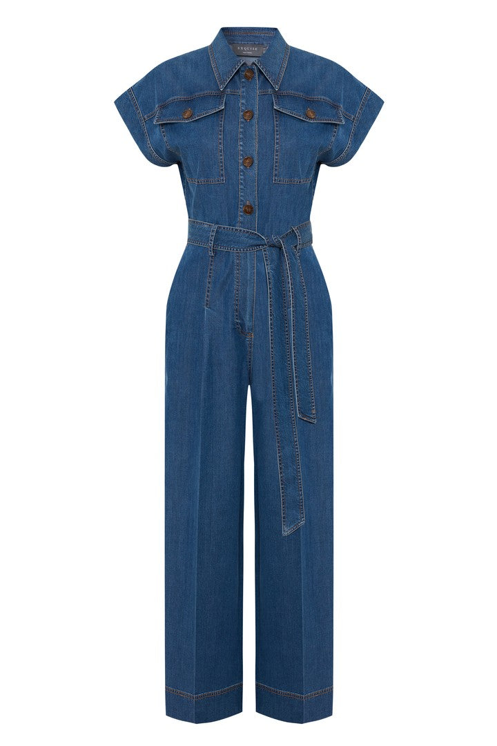 Exquise-Kemer Detaylı Denim Tulum-TULUM-6-Milagron.com