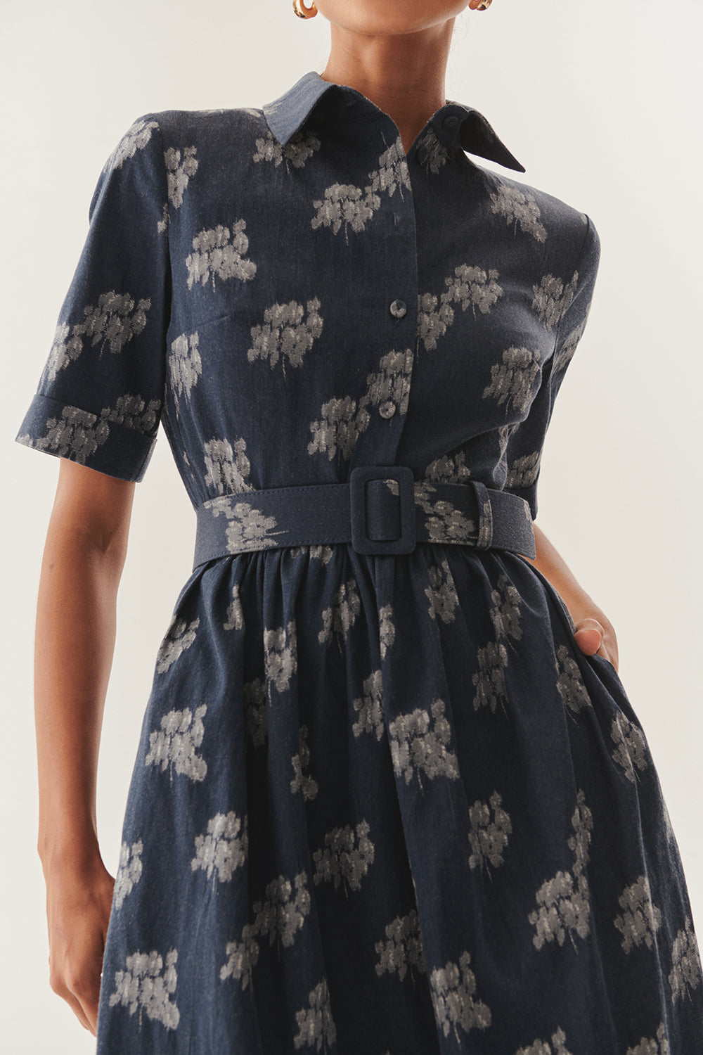 Exquise-Kemer Detaylı Desenli Pamuklu Regular Midi Elbise-ELBİSE-5-Milagron.com