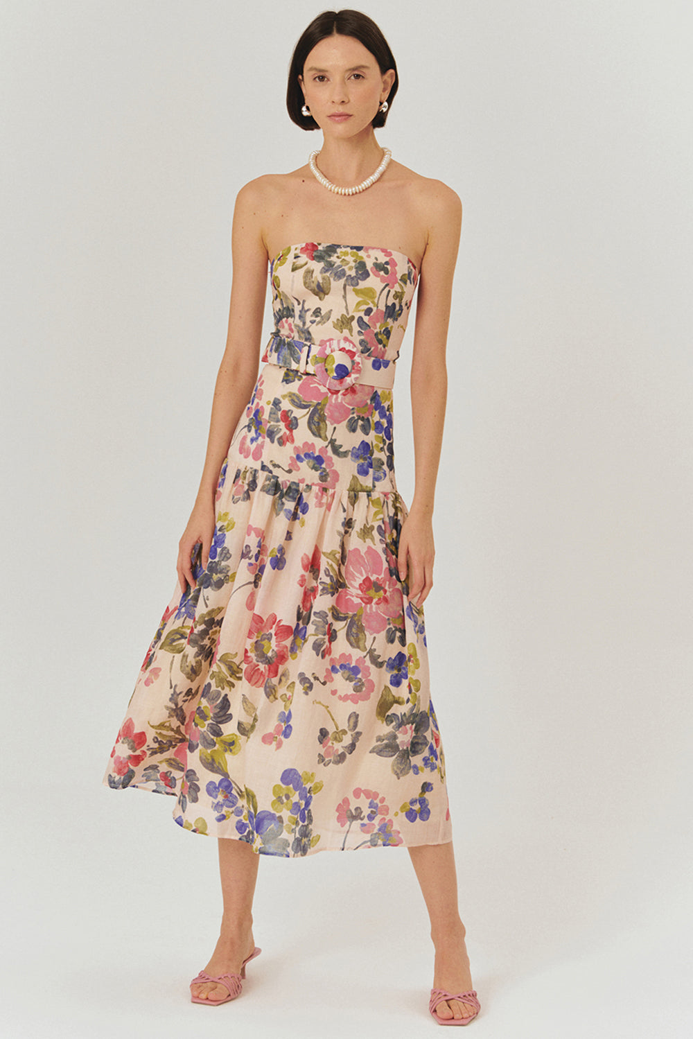 Exquise-Kemer Detaylı çiçek Desenli Straplez Midi Elbise-ELBİSE-3-Milagron.com