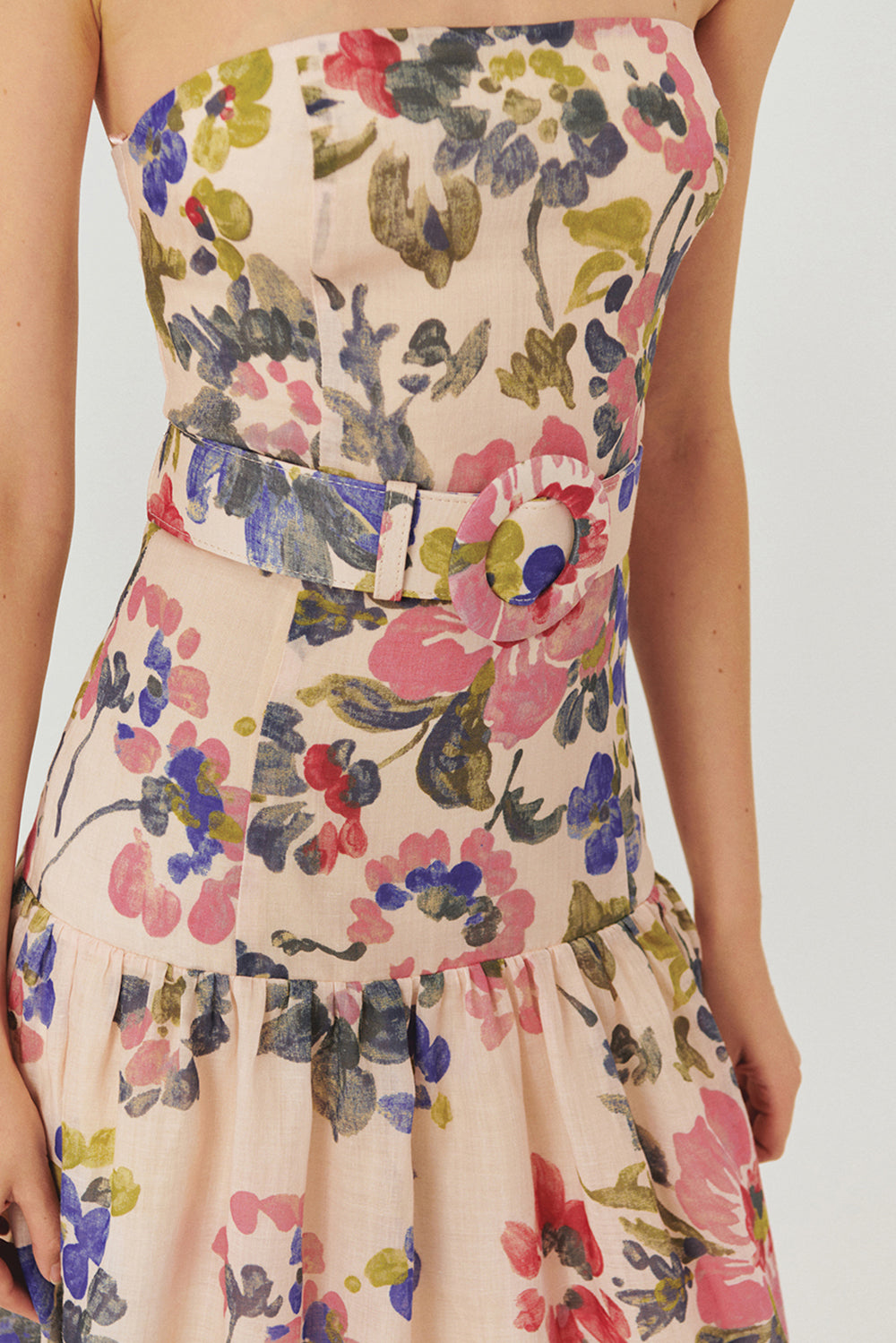 Exquise-Kemer Detaylı çiçek Desenli Straplez Midi Elbise-ELBİSE-4-Milagron.com