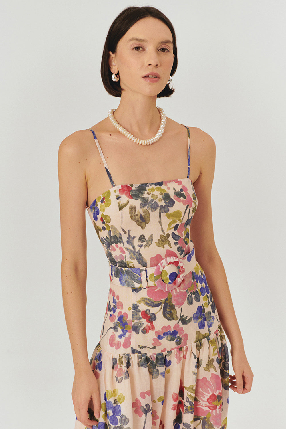 Exquise-Kemer Detaylı çiçek Desenli Straplez Midi Elbise-ELBİSE-5-Milagron.com