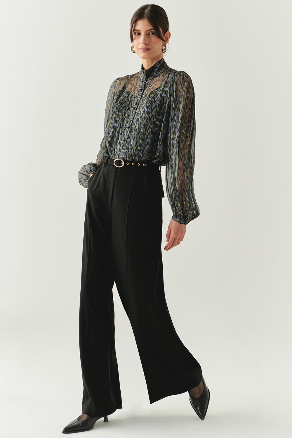 Exquise-Kemerli Geniş Paça Cepli Regular Siyah Pantolon-PANTOLON-4-Milagron.com