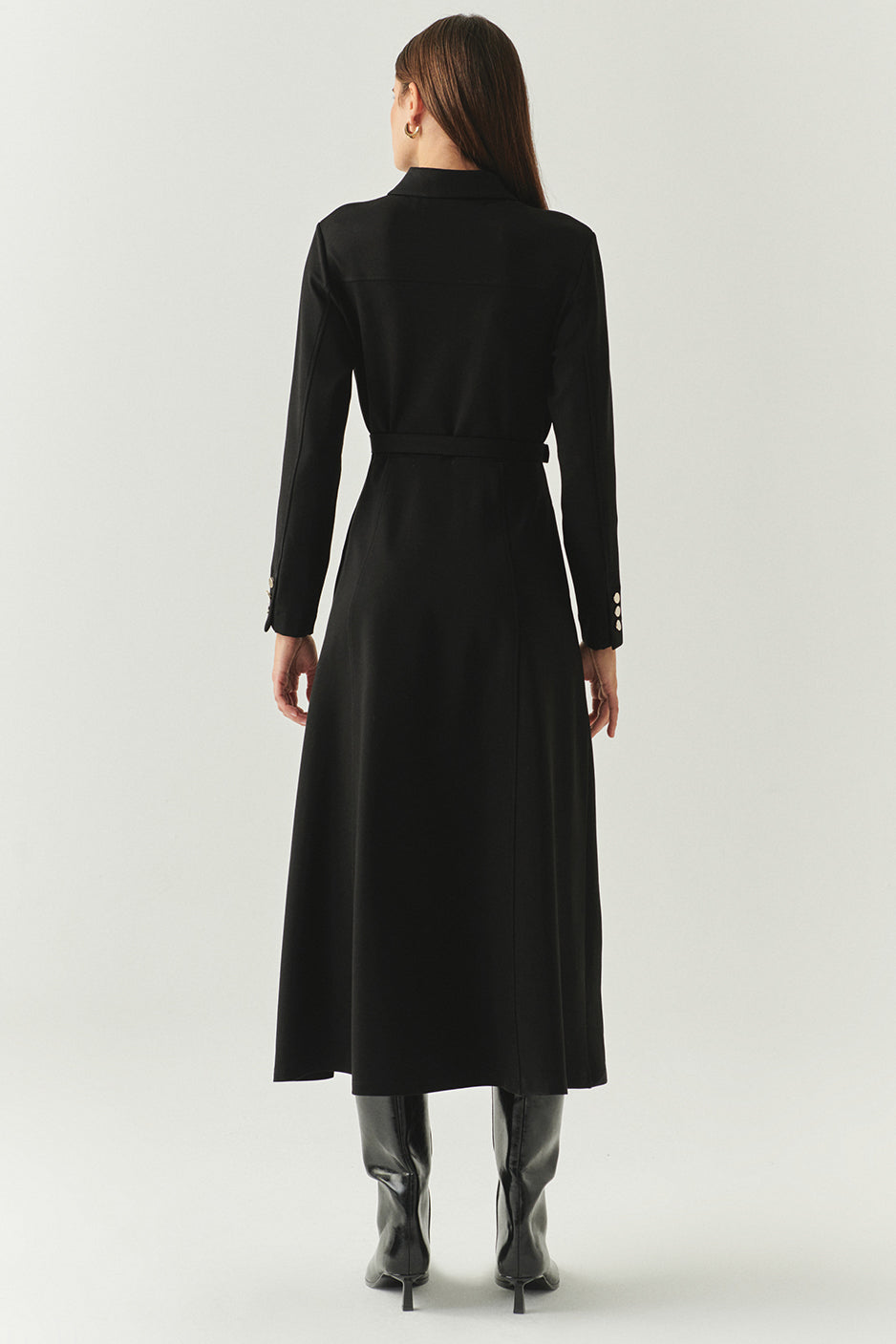 Exquise-Kemerli Gömlek Yaka Cepli Slim Fit Midi Siyah Örme Elbise-ELBİSE-4-Milagron.com