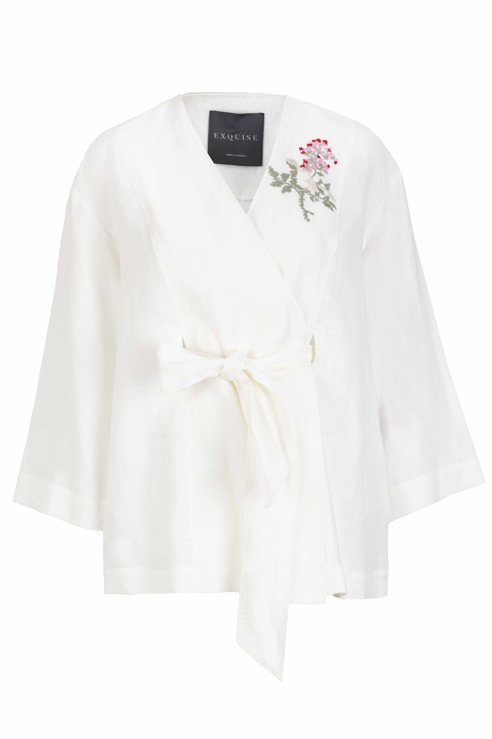 Exquise-Kendi Kumaşında Kemerli Nakış İşlemeli Rahat Kalıp Ceket-KİMONO-1-Milagron.com