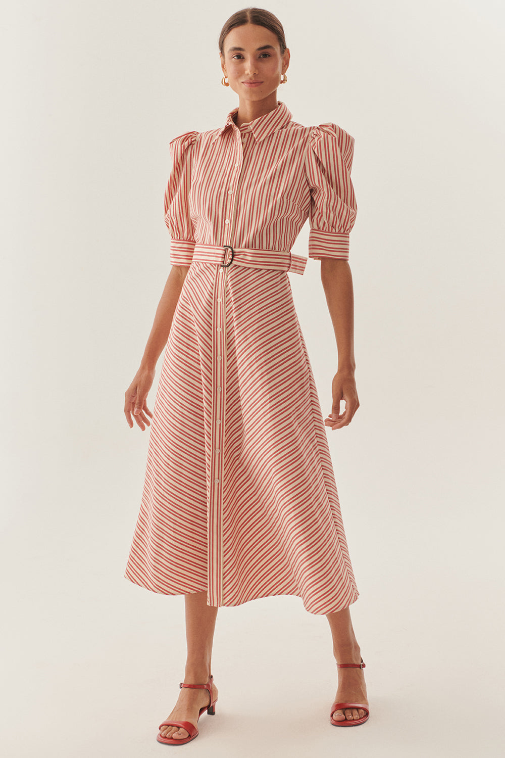 Exquise-Kırmızı çizgili Kemerli Balon Kol A Kesim Regular Midi Gömlek Elbise-ELBİSE-1-Milagron.com