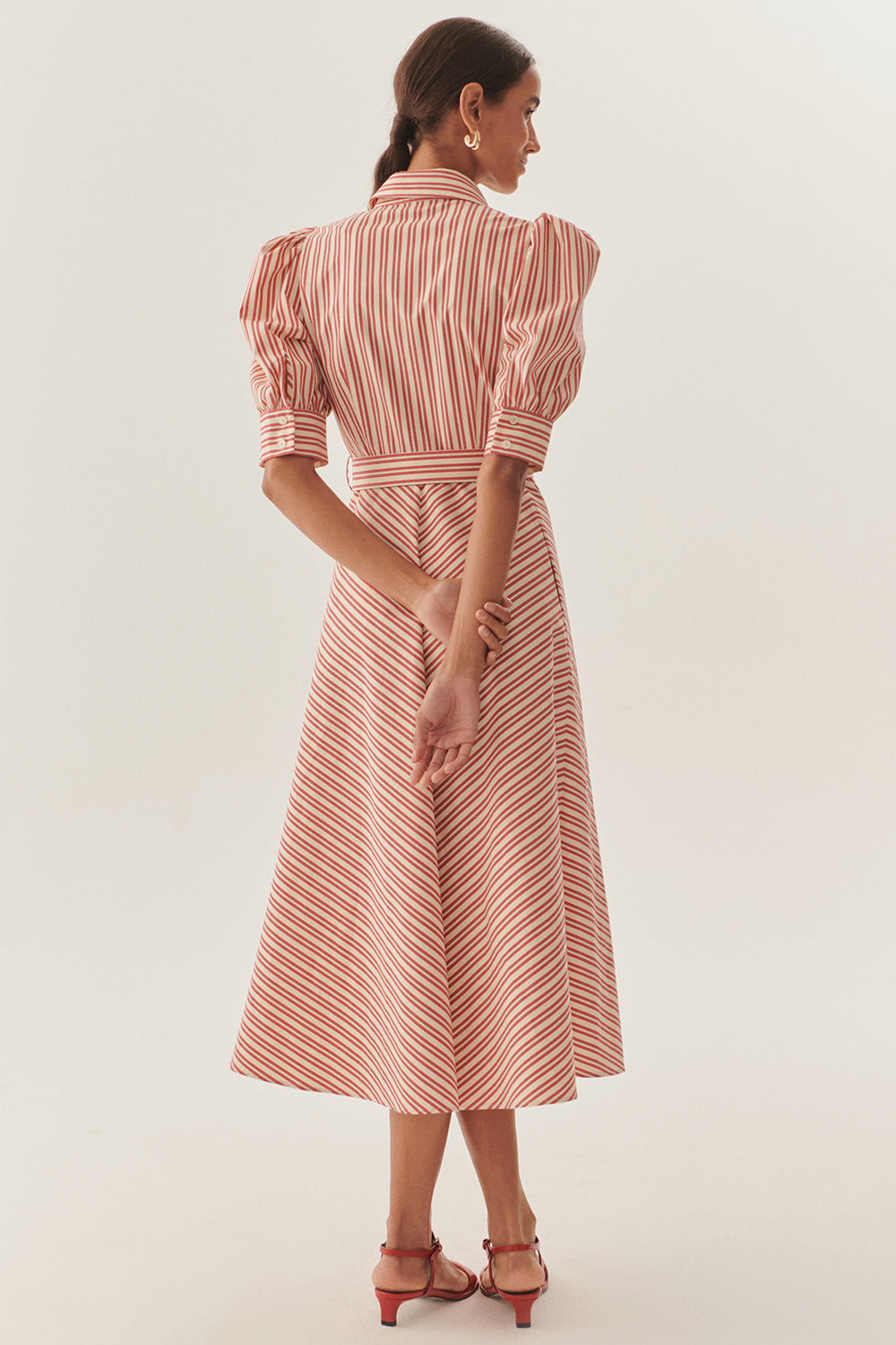 Exquise-Kırmızı çizgili Kemerli Balon Kol A Kesim Regular Midi Gömlek Elbise-ELBİSE-3-Milagron.com
