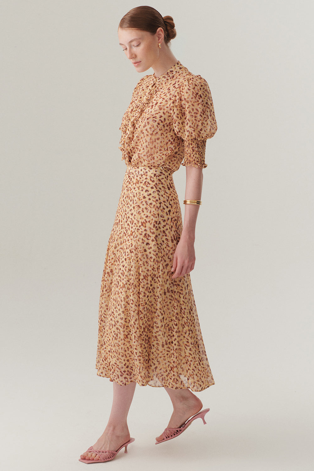 Exquise-Kısa Kol Fırfır Biye Detaylı Regular Fit Desenli şifon Gömlek-Gömlek-3-Milagron.com