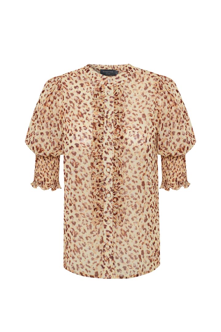 Exquise-Kısa Kol Fırfır Biye Detaylı Regular Fit Desenli şifon Gömlek-Gömlek-6-Milagron.com