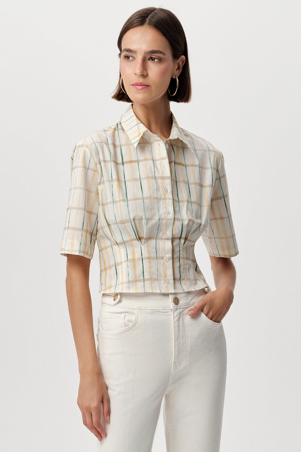 Kısa Kollu Beli Pile Detaylı Crop Regular Çok Renkli Gömlek