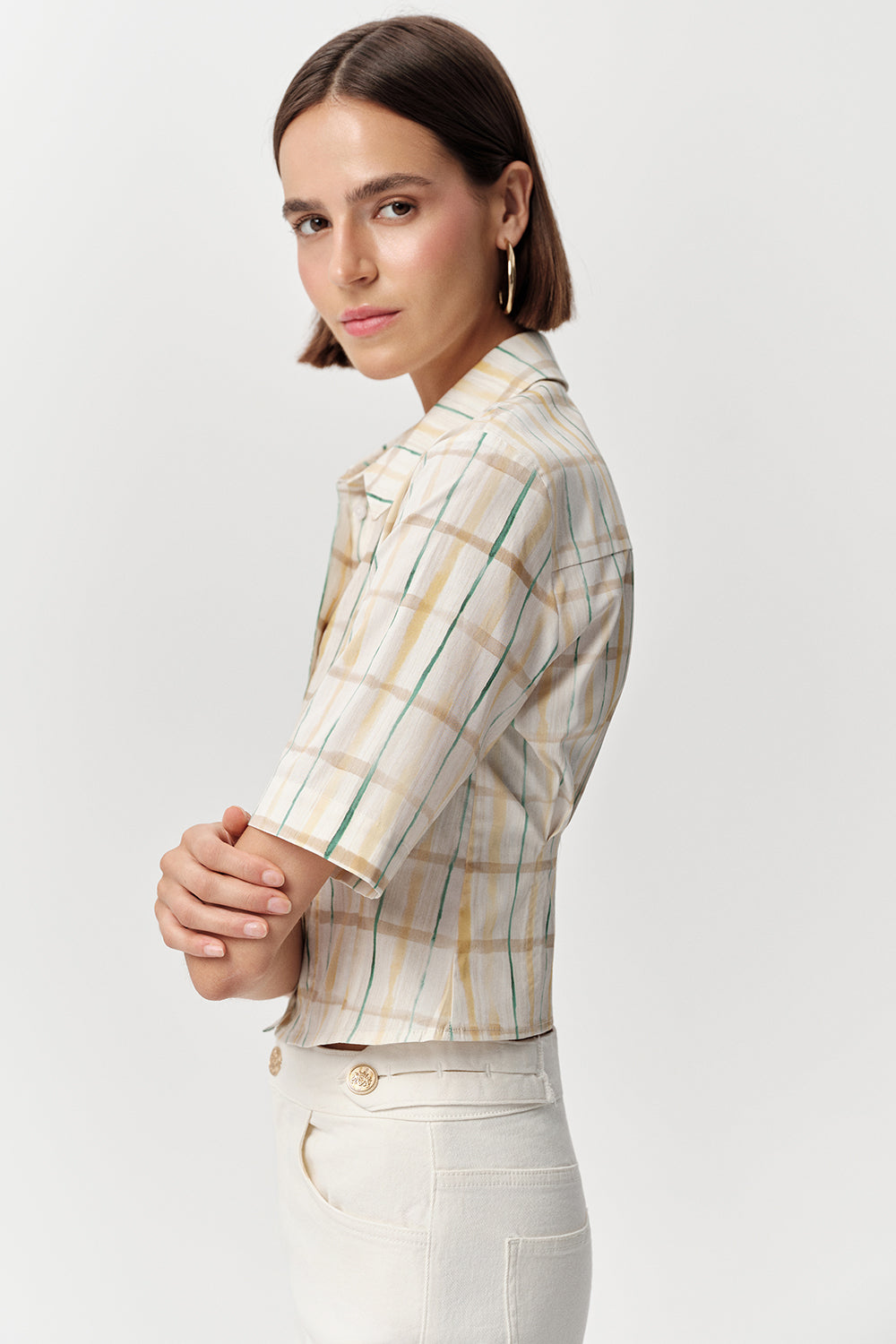 Kısa Kollu Beli Pile Detaylı Crop Regular Çok Renkli Gömlek