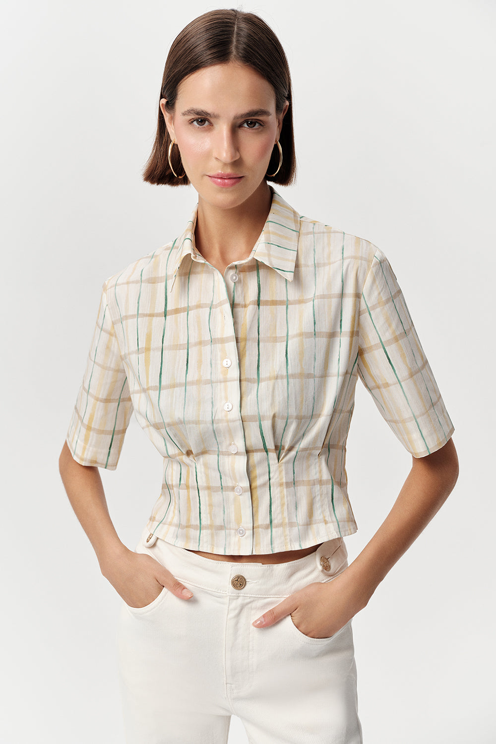 Kısa Kollu Beli Pile Detaylı Crop Regular Çok Renkli Gömlek