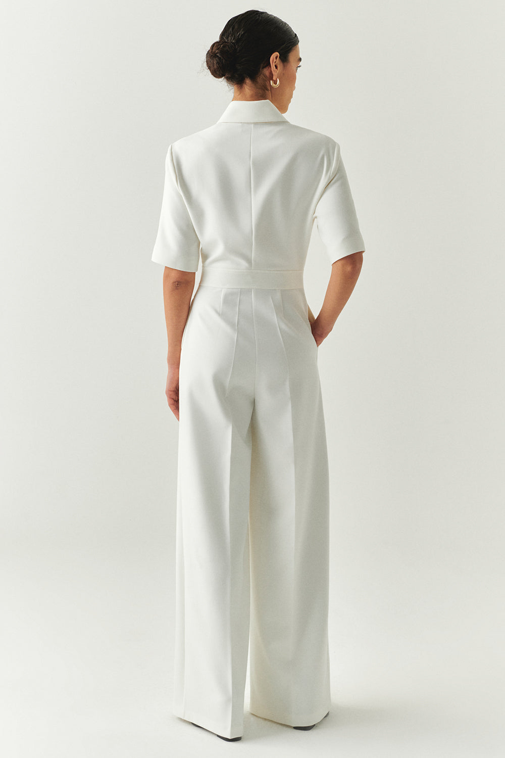 Exquise-Kısa Kollu Fermuarlı Slim Fit Gömlek Yaka Krem Tulum-TULUM-4-Milagron.com